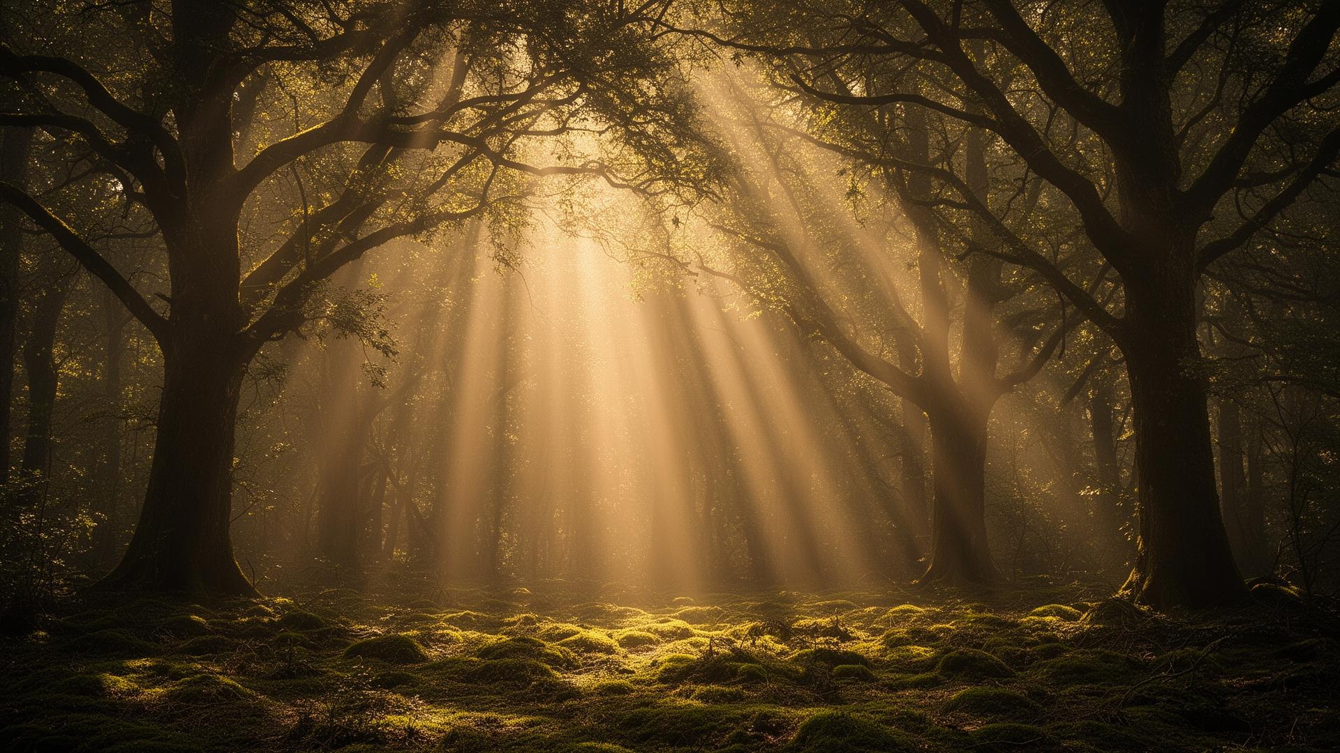 Sunlight streaming through an ancient forest canopy